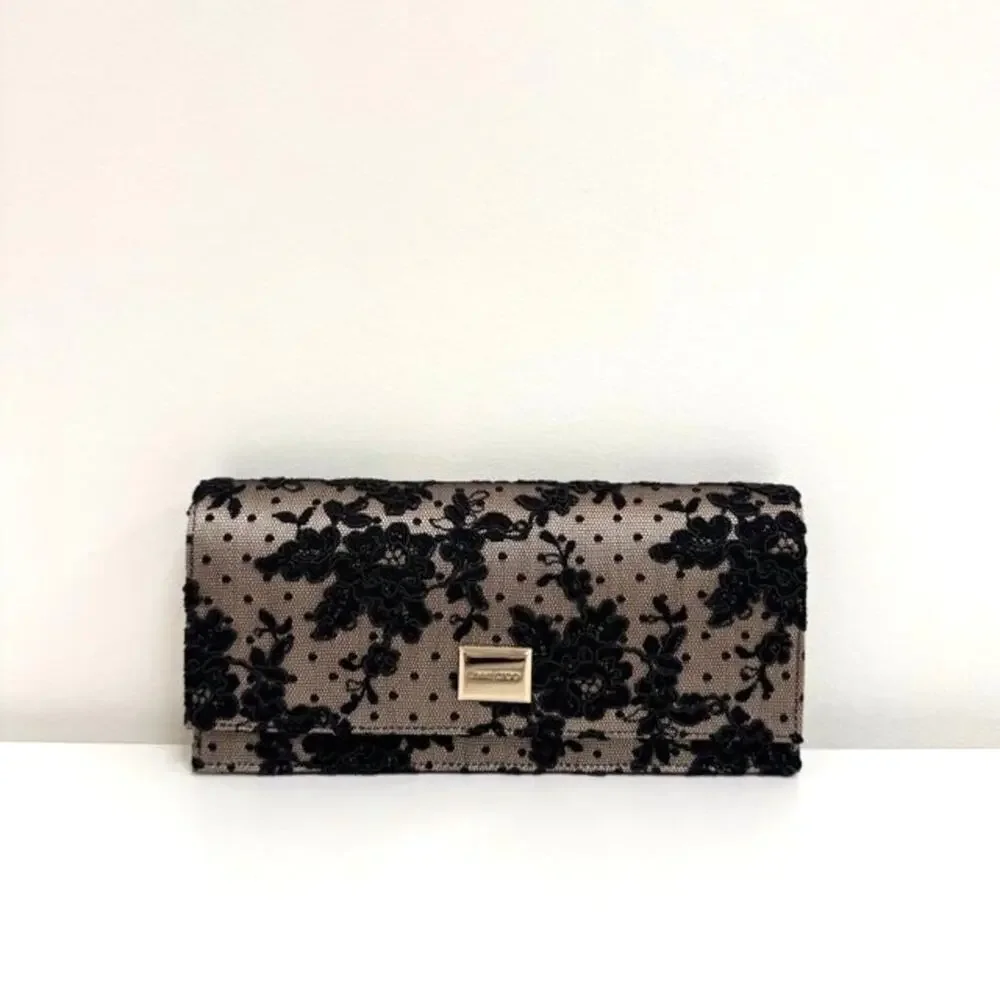 JIMMY CHOO Lilia Black Lace Gold Chain Shoulder Clutch Floral Flap Handbag